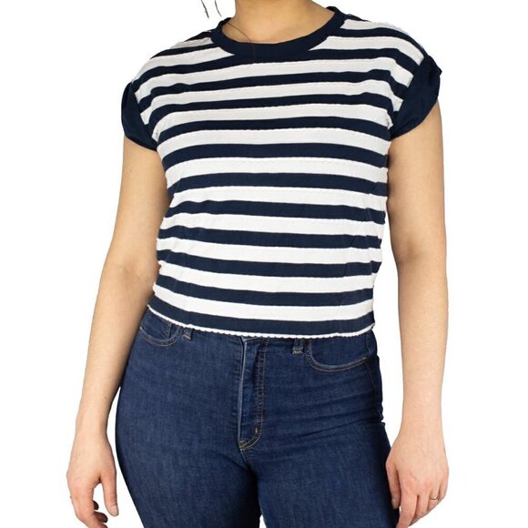 Tara Jarmon extended shoulder Navy blue/White striped Nautical T-shirt Size M - Picture 3 of 8